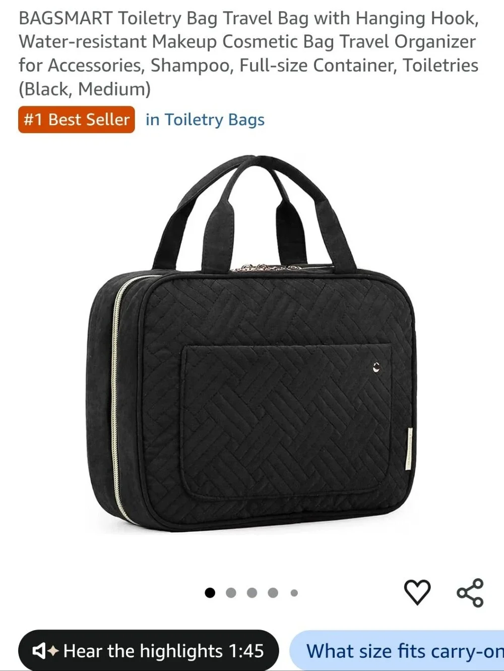 Bagsmart Black Quilted Travel Toiletry Bag